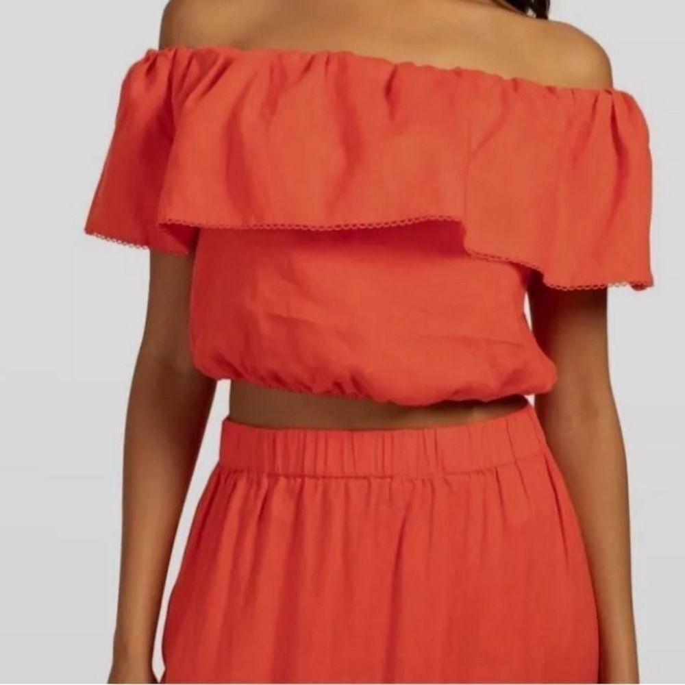 Trina Turk Orange Ruffled Off Shoulder Top Size M